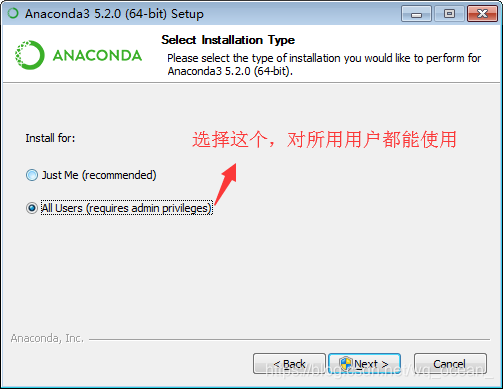 Anaconda installation wizard screen 1