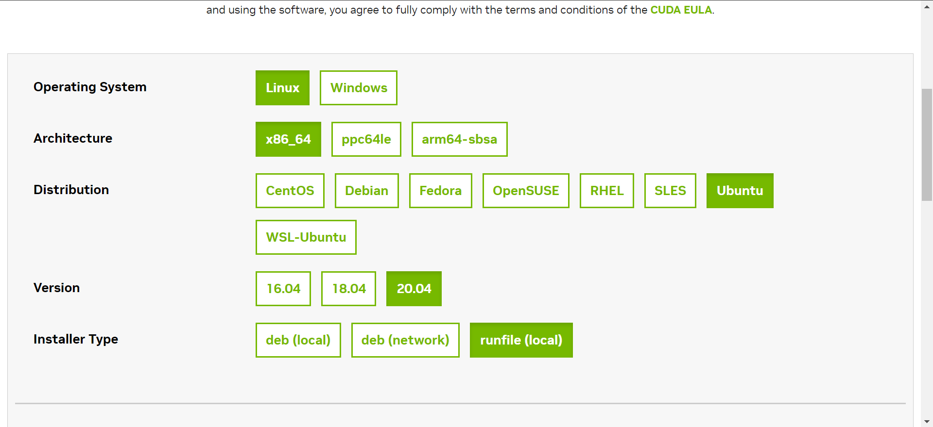 Selecting Ubuntu version in CUDA download