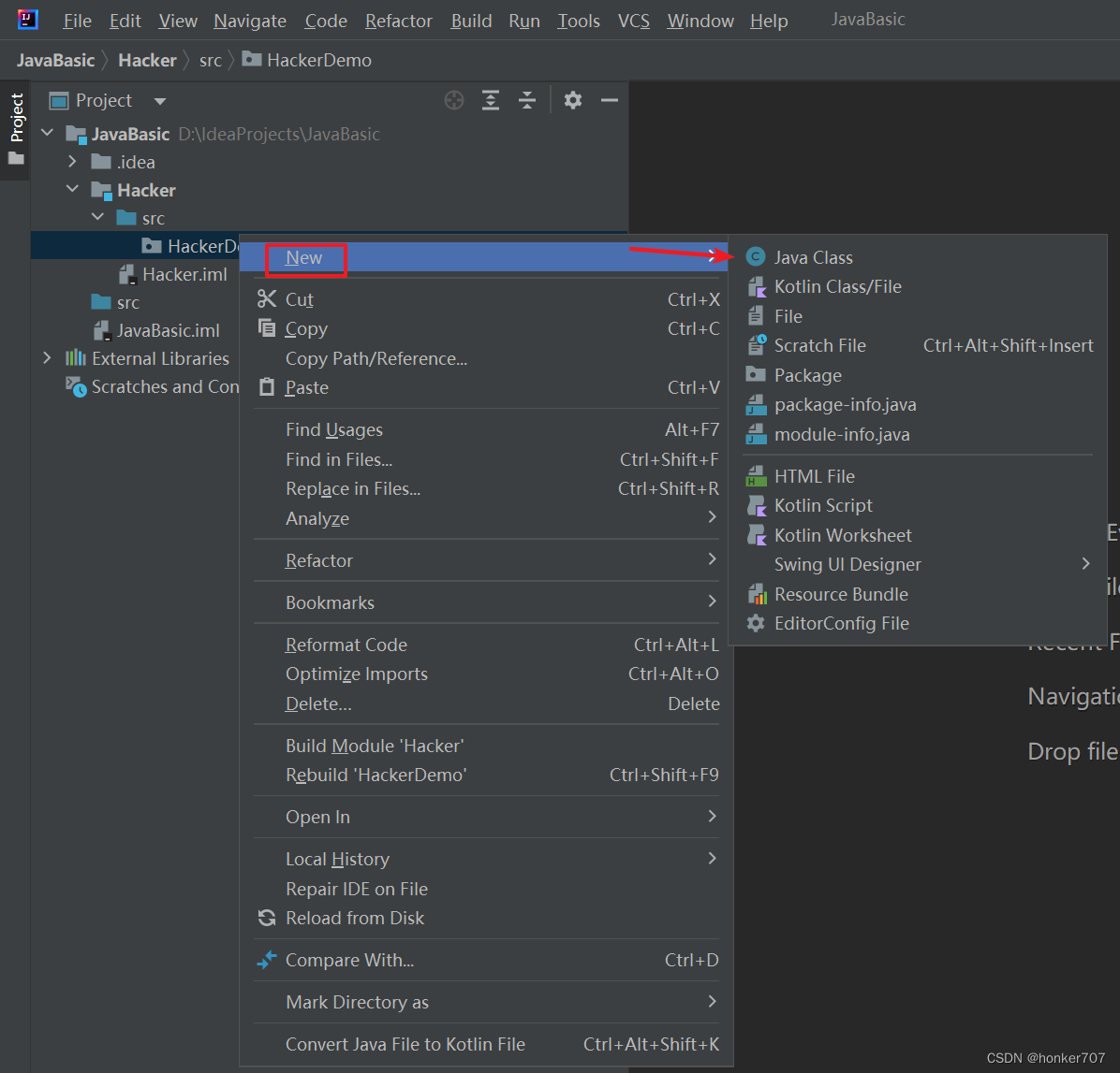 Class creation dialog